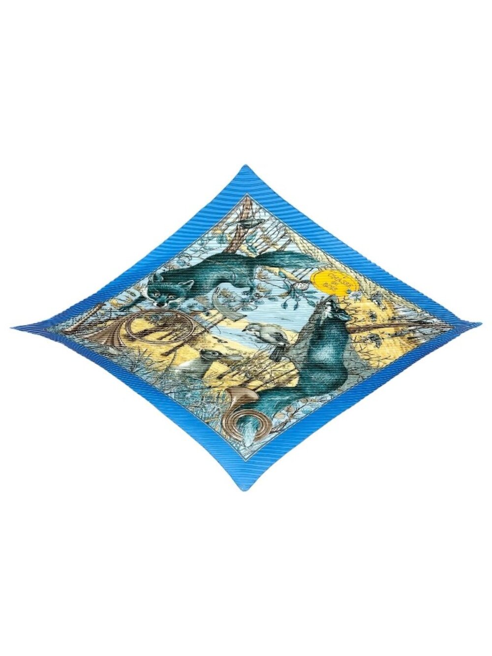 Hermes Pleats Chasse Au Bois Silk Yellow Blue Scarf